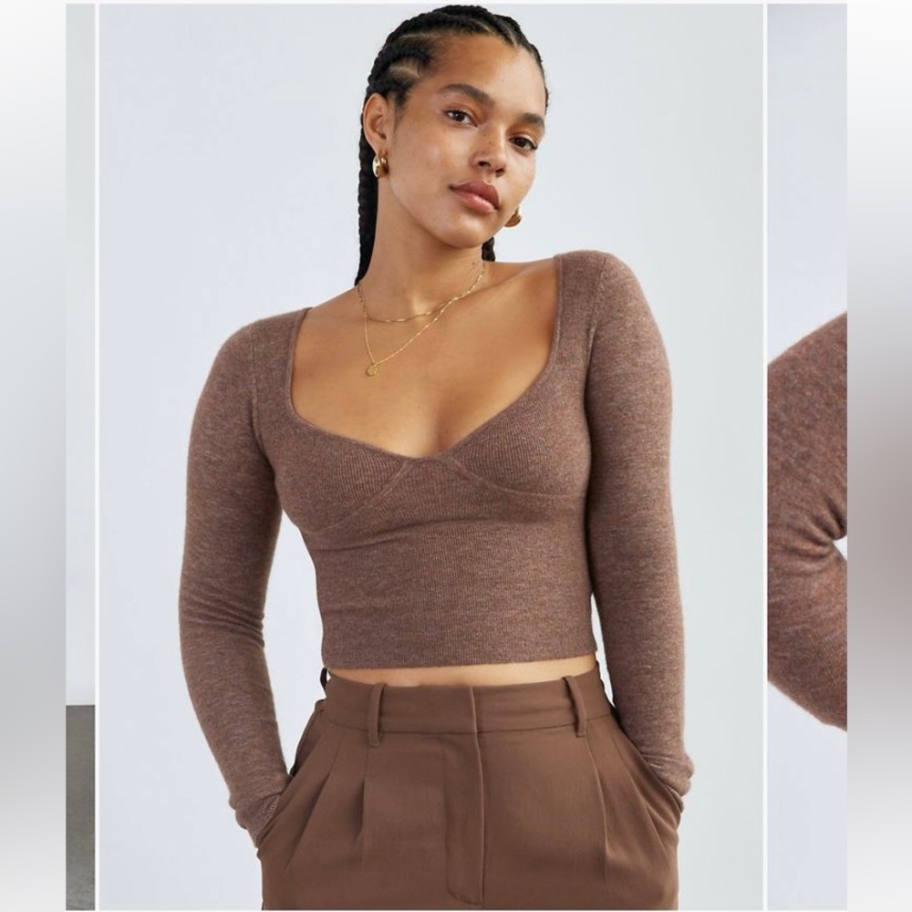 Aritzia Wilfred Greer Brown‎ Long Sleeve Bustier Crop Top Wool Sweater Medium